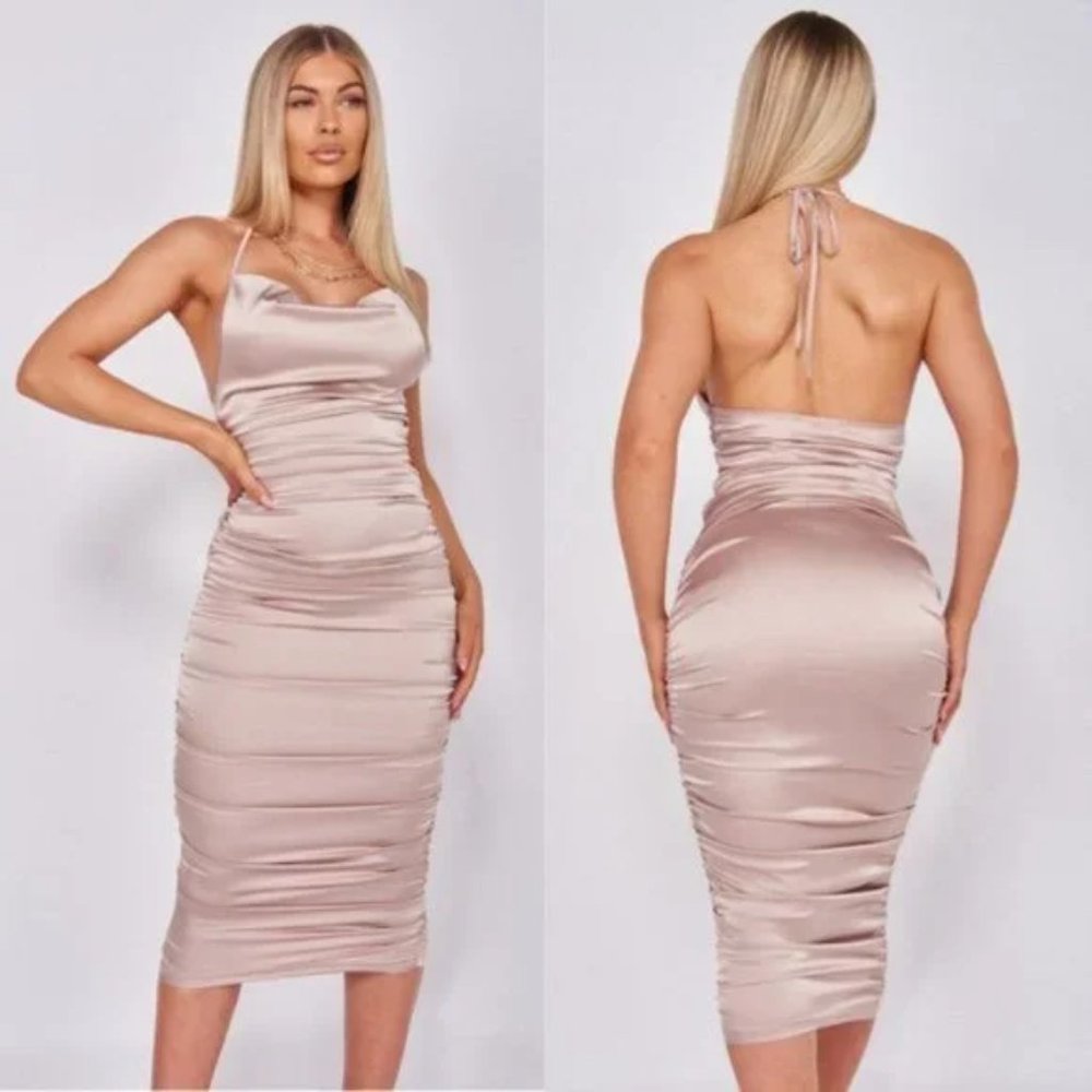 Nude Satin Sleeveless Halter Neck Cowl Neck Backless Ruched Bodycon Midi Dress - Picture 1 of 17